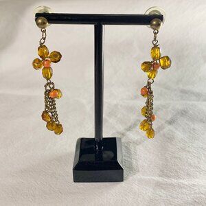 Bohemian Dangle Earrings - Amber Glass & Coral Beaded Jewelry - Brass Tone Chain